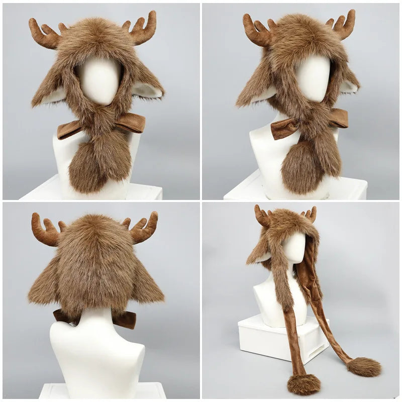 Christmas Plush Reindeer Elk Pullover Hat - Warm Windproof Ear Protection Winter Cap, 1 Color
