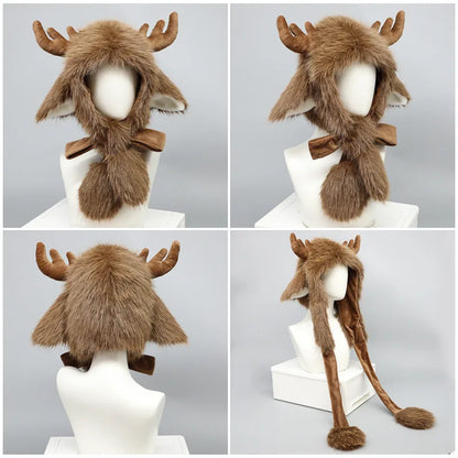 Christmas Plush Reindeer Elk Pullover Hat - Warm Windproof Ear Protection Winter Cap, 1 Color