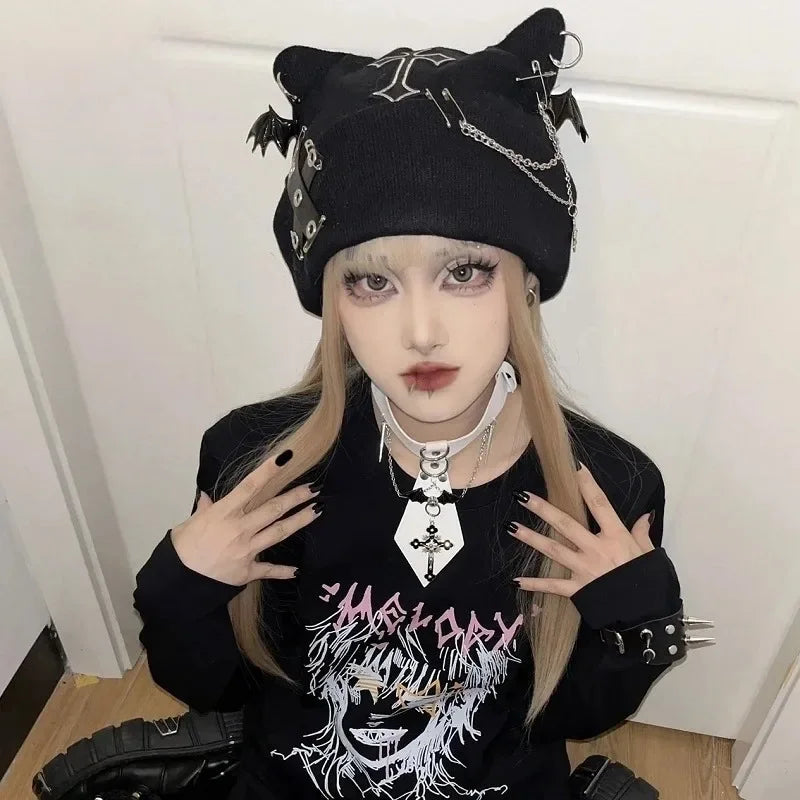 Gothic Grunge Cat Ear Bat Wing Black Beanie – Punk Cross Chain Knit Hat
