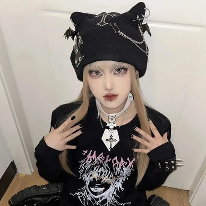 Gothic Grunge Cat Ear Bat Wing Black Beanie – Punk Cross Chain Knit Hat