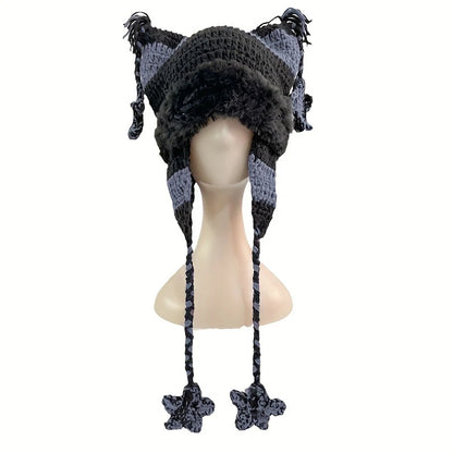 Japanese Pentagram Knit Beanie with Cat Ears – Striped Warm Winter Hat