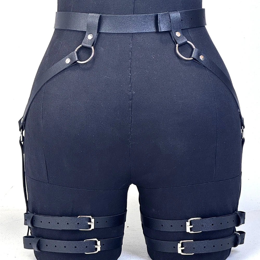 Black Punk Style Leather Strappy Leg Ring Waist Belt Harness