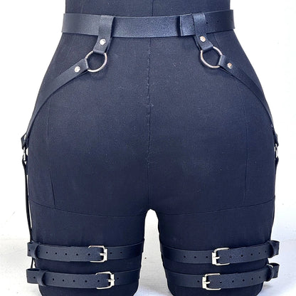 Black Punk Style Leather Strappy Leg Ring Waist Belt Harness