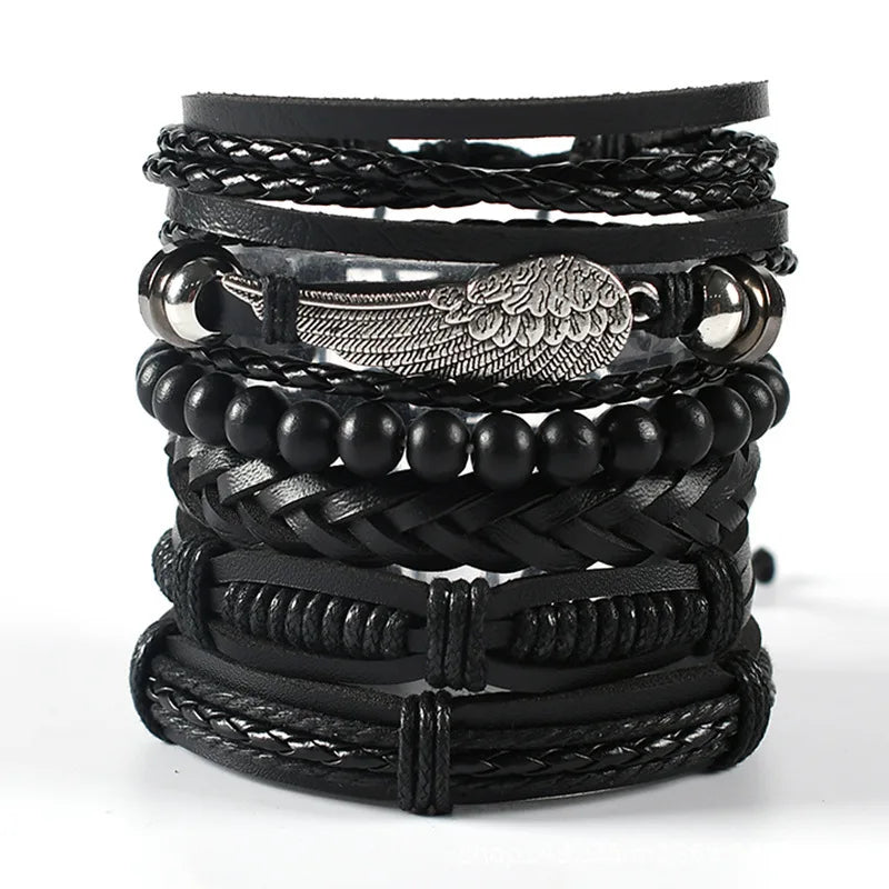 Black Punk Skull & Star Leather Bracelet Set – Gothic Alloy Wristband for Men & Women