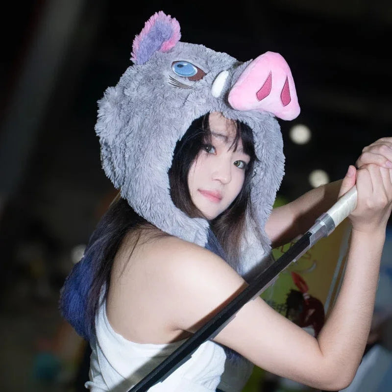 Wild Boar Head Plush Hat – Inosuke Style Winter Cosplay Headgear