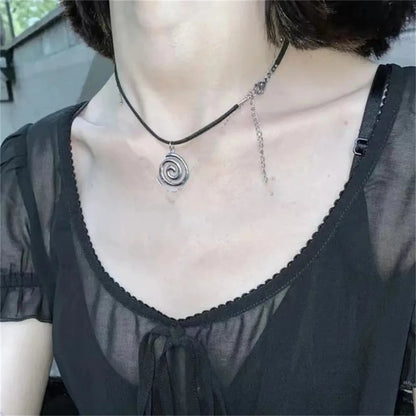 Y2K Spiral Vortex Pendant Necklace - Boho Leather Rope Pentagram Jewelry