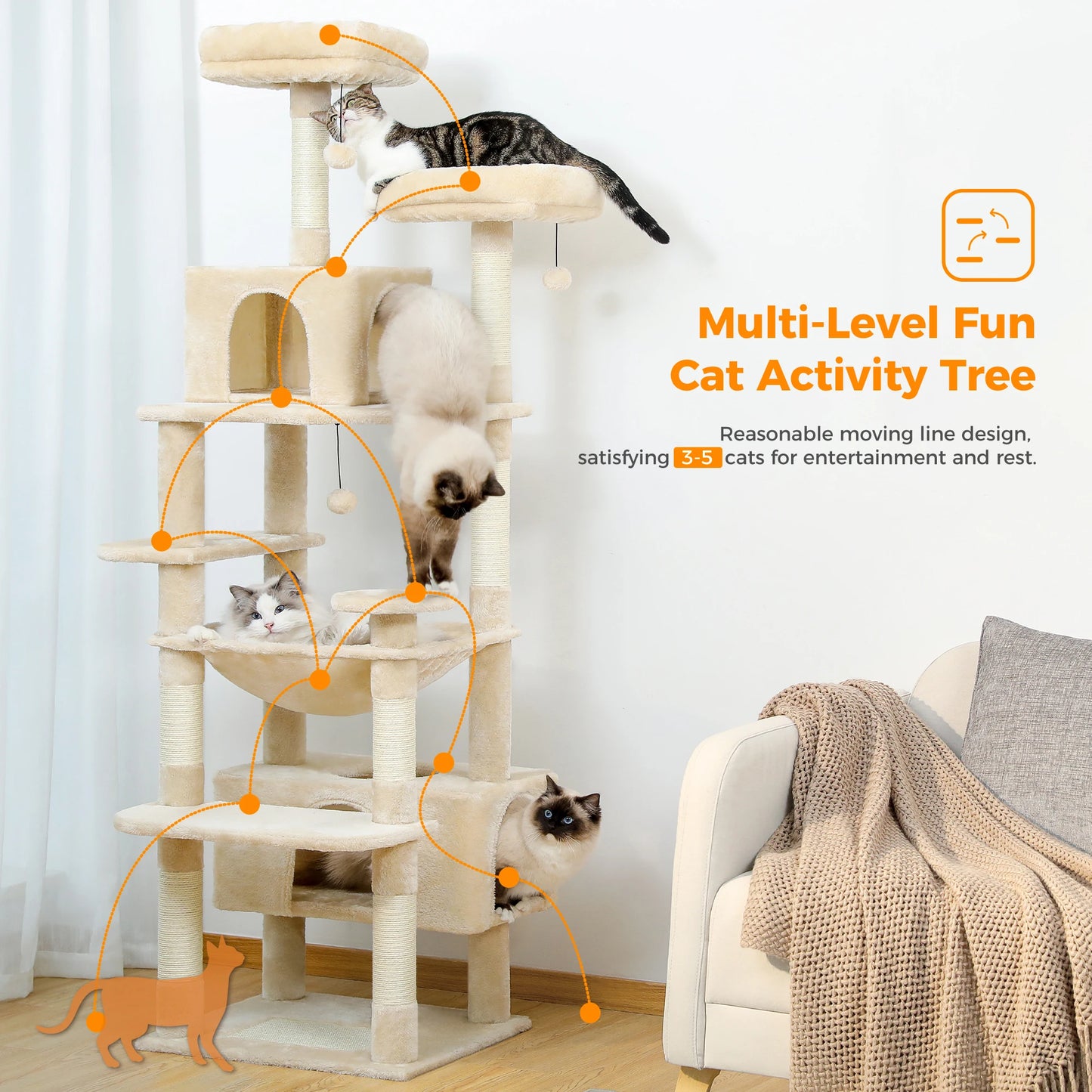 Large Cat Tree Tower with Hammock And Perches Sisal Scratching Posts Spacious Condos And Cat Toys for Indoor Cats Grey/Beige/Black