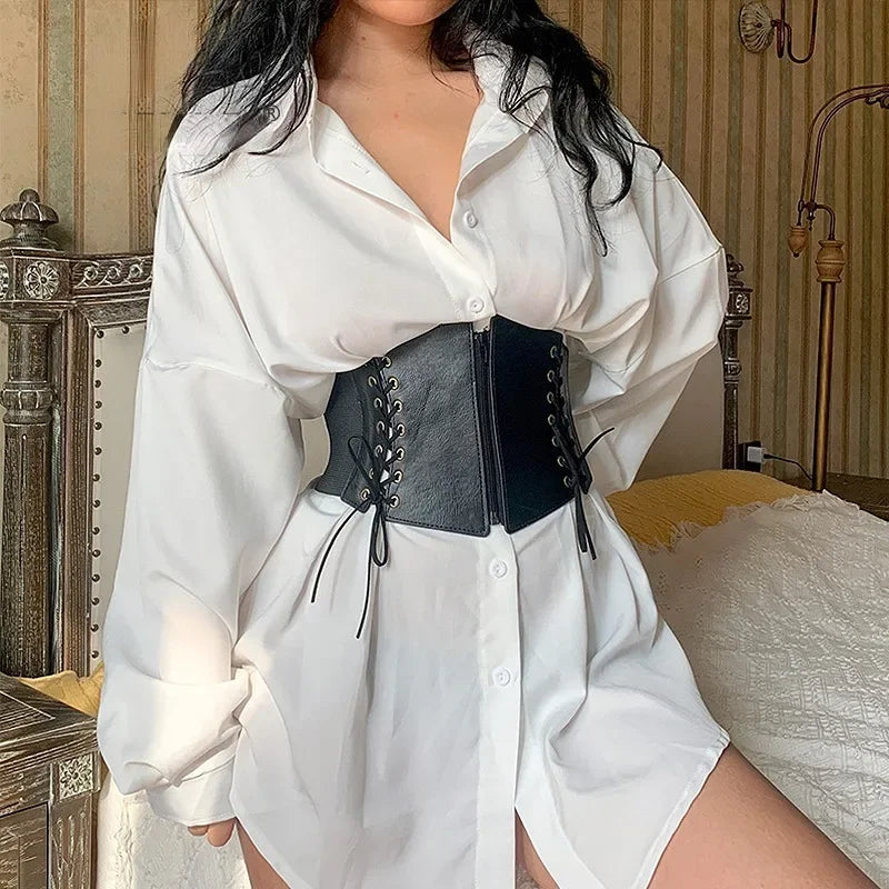 Punk PU Leather Corset Wide Belt - Gothic Elastic Bustier Dress Girdle