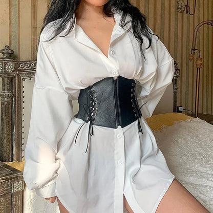 Punk PU Leather Corset Wide Belt - Gothic Elastic Bustier Dress Girdle