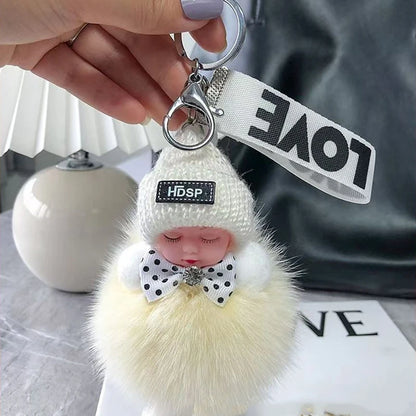 Cute Fluffy Sleepy Doll Keychain – Kawaii Plush Bag Charm Car Key Ring Gift