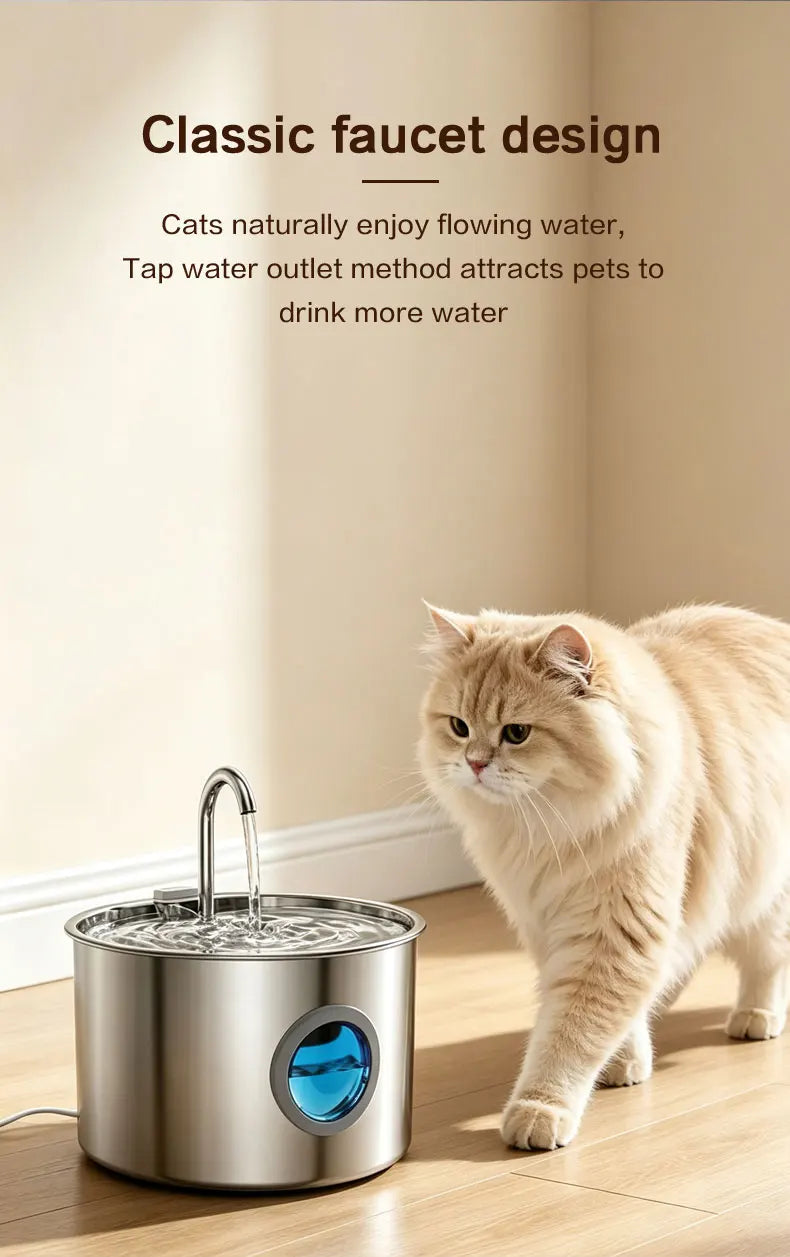 Stainless Steel Cat Water Fountain 108oz/3.2L for Cats, Dogs and Small Pets, with Quiet Operation & LED Light, Easy to Clean & Assemble
