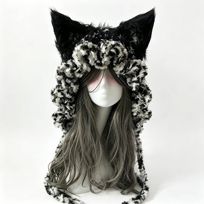 Handmade Crochet Moss Green Fox Ear Hat – Plush Floral Knit Goblincore Winter Hood