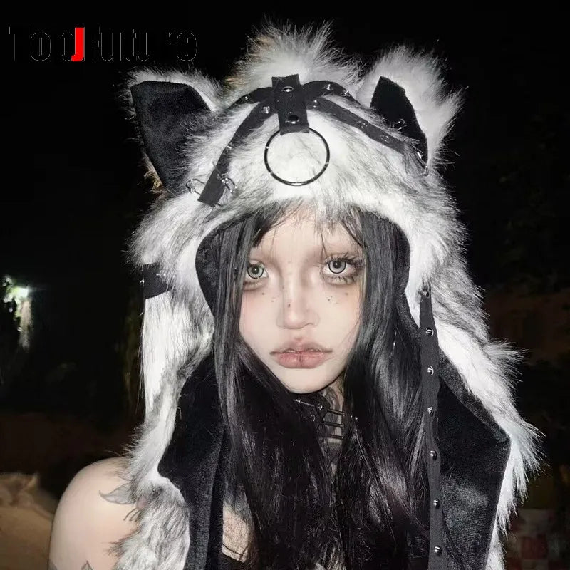 Women's Gothic Harajuku Fluffy Eyes Winter Hat with Zipper Scarf and Gloves