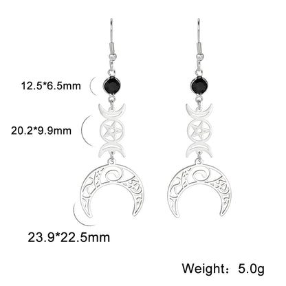 Goth Moon Phase Pentagram Earrings - Stainless Steel Witchy Dangle Jewelry