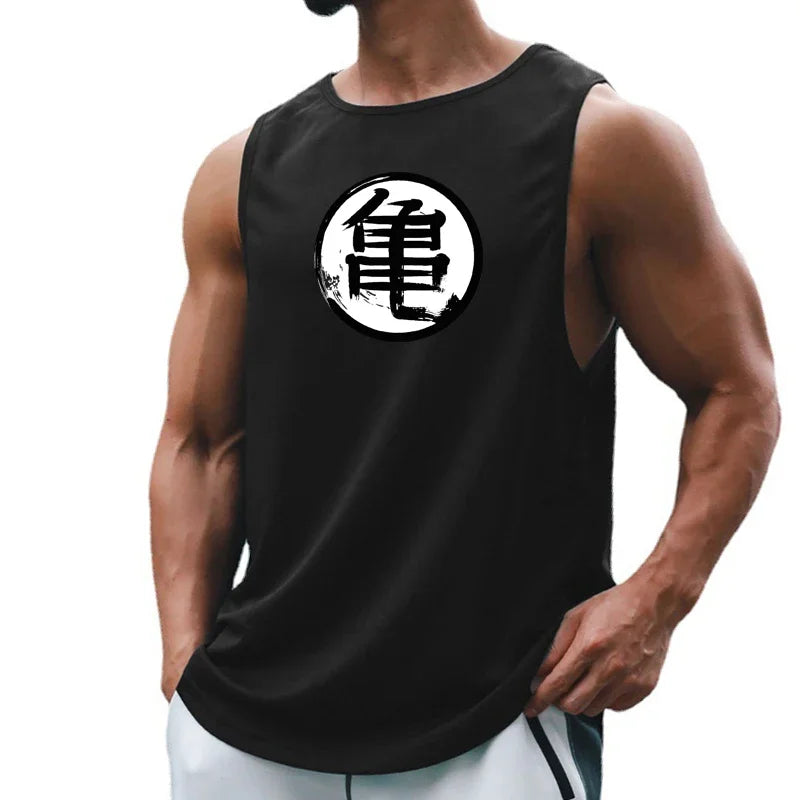 Japanese Anime Turtle Script Sleeveless Tank Top - Summer Gym and Running Vest for Men