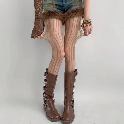 Lolita Gothic Fishnet Tights - Geometric Striped Mesh Lace Pantyhose, Seamless Cute Leggings