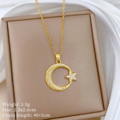 Crescent Moon Pendant Necklace Stainless Steel Zircon Vintage Jewelry