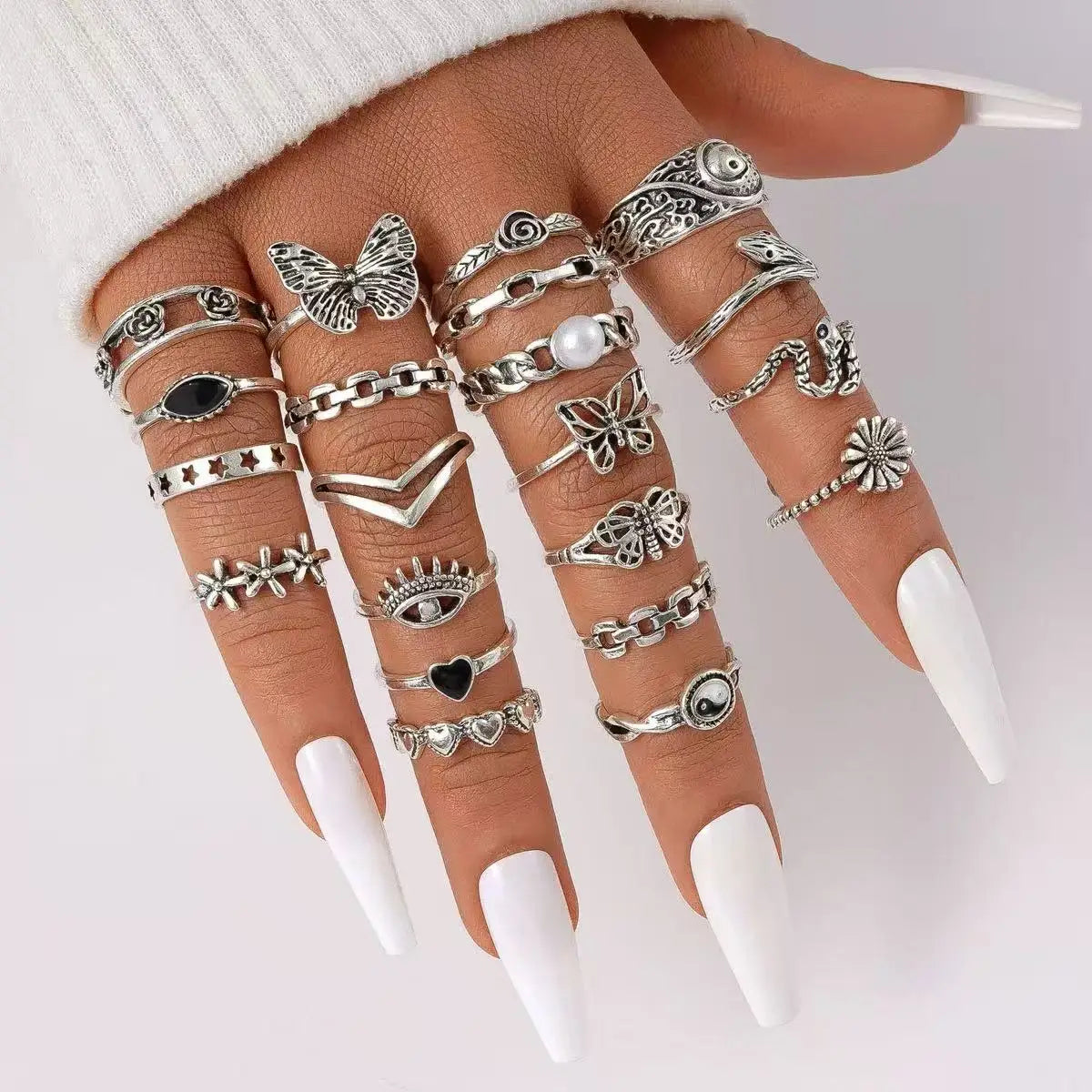 Retro Gothic Women’s Rings Set – 21 Piece Vintage Silver Stackable Knuckle Rings