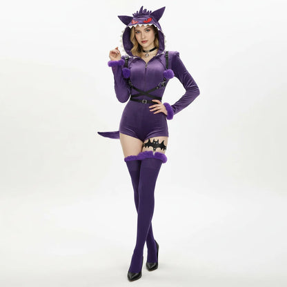 Purple Ghost Hooded Plush Bodysuit Cosplay Costume with Tail for Women
