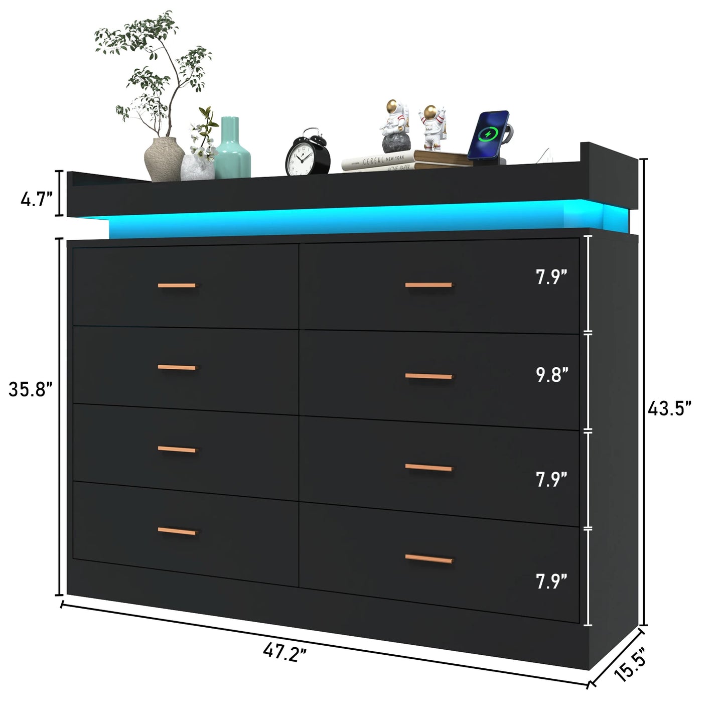 8 Drawer Dresser with LED Light, Modern Chest of Drawers for Closet, 47" Wide Drawer Organizer Cabinet for Bedroom, Living Room