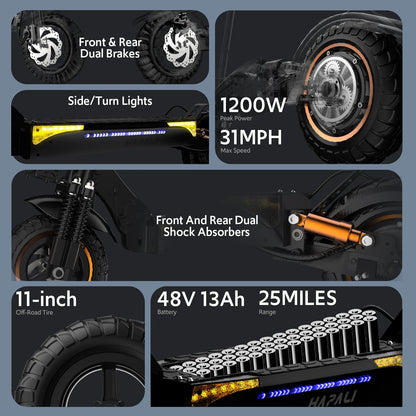 1200W Off Road Electric Scooter for Adult, 48V 13AH Folding E-Scooters Up to 31Mph & 25 Miles Range,11" All Terrain Tire E-Scooter with Double Suspension & Side Light