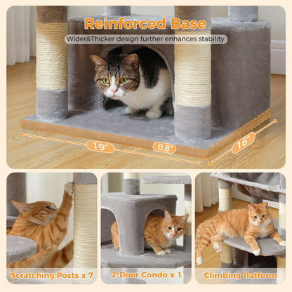 Large Cat Tree Tower with Hammock And Perches Sisal Scratching Posts Spacious Condos And Cat Toys for Indoor Cats Grey/Beige/Black