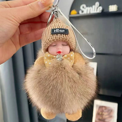 Cute Fluffy Sleepy Doll Keychain – Kawaii Plush Bag Charm Car Key Ring Gift