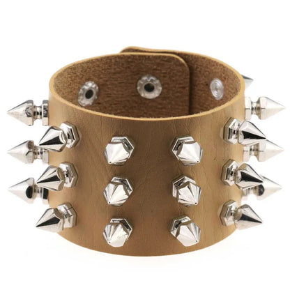 Three-Row Spiked Rivet Stud Wide Cuff Bracelet – Black PU Leather Punk Gothic Wristband