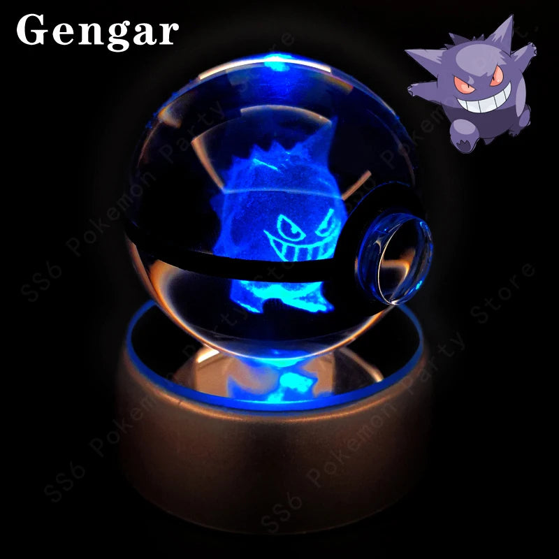 Pokemon 3D Crystal Ball Night Light - Glass Pokeball LED Lamp with Pikachu, Mewtwo & Gengar