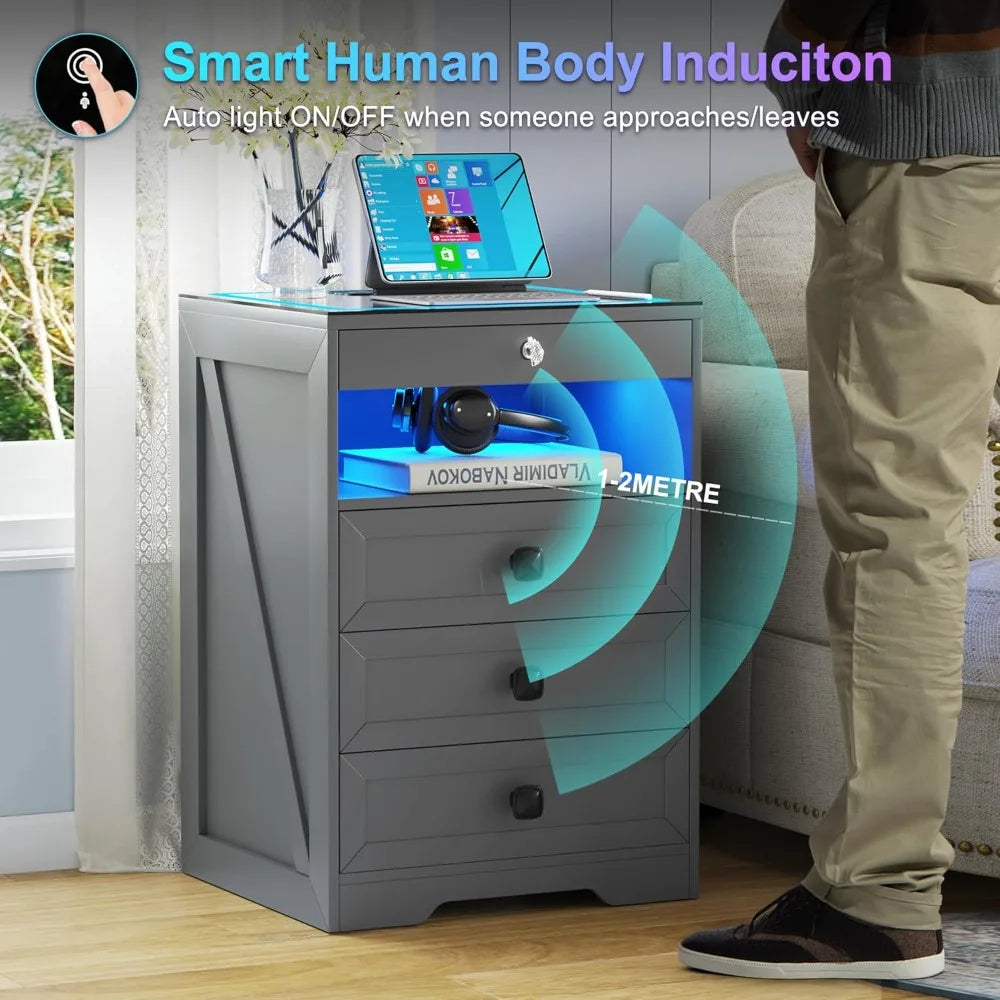 LED Nightstand with 3 Drawers, Glass Top Bedside Table with Wireless Charging Station, Modern Night Stand with Auto Senso