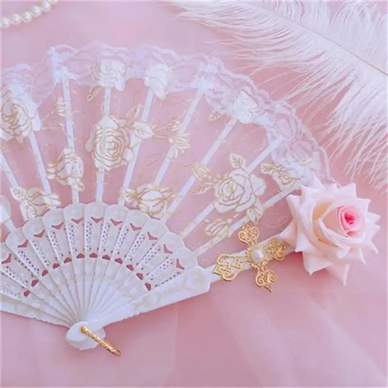 Lolita Lace Hand Fan – Gothic Victorian Folding Fan with Rose, Black White Red