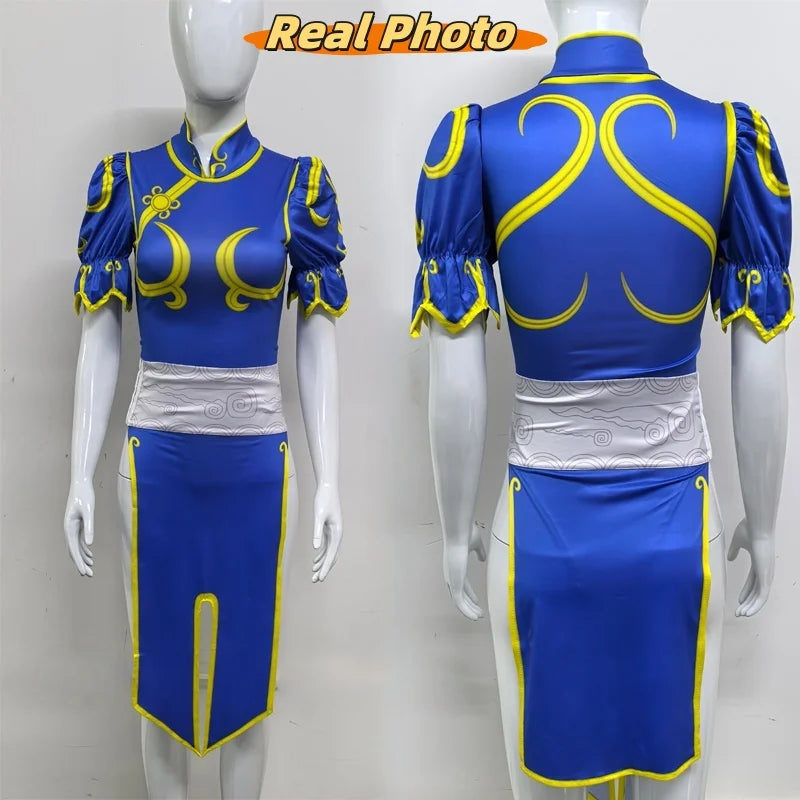 Women's Street Fighter Chun-Li Cosplay Costume – Blue Cheongsam Set
