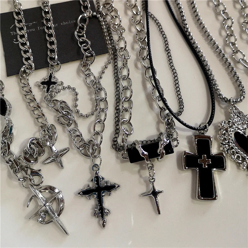 Y2K Punk Heart Cross Pendant Necklace - Grunge Goth Chain for Men Women