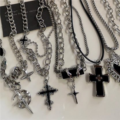 Y2K Punk Heart Cross Pendant Necklace - Grunge Goth Chain for Men Women
