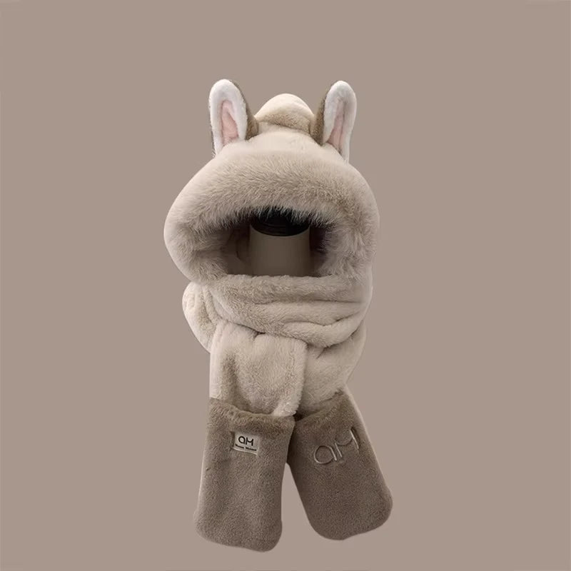 Fox Ear Plush Hat and Scarf Set - Warm Furry Winter Ear Protection Hood