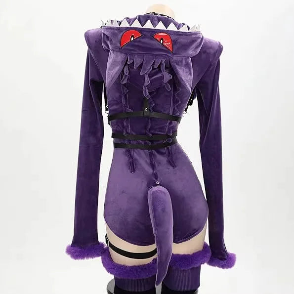 Purple Ghost Hooded Plush Bodysuit Cosplay Costume with Tail for Women
