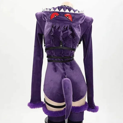 Purple Ghost Hooded Plush Bodysuit Cosplay Costume with Tail for Women