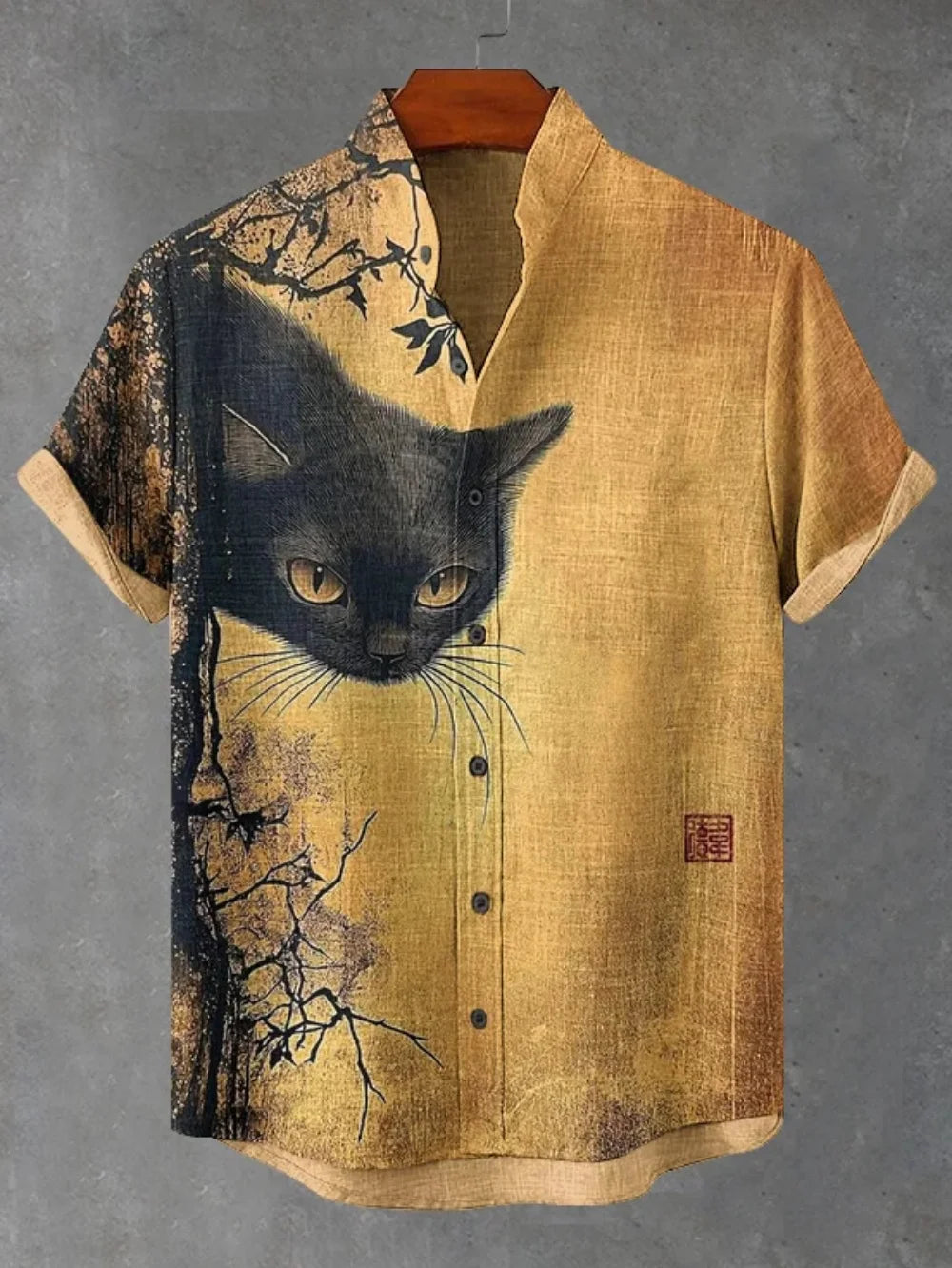 Men's Japanese Retro Black Cat Print Linen Shirt - Short Sleeve Stand Collar Casual Top