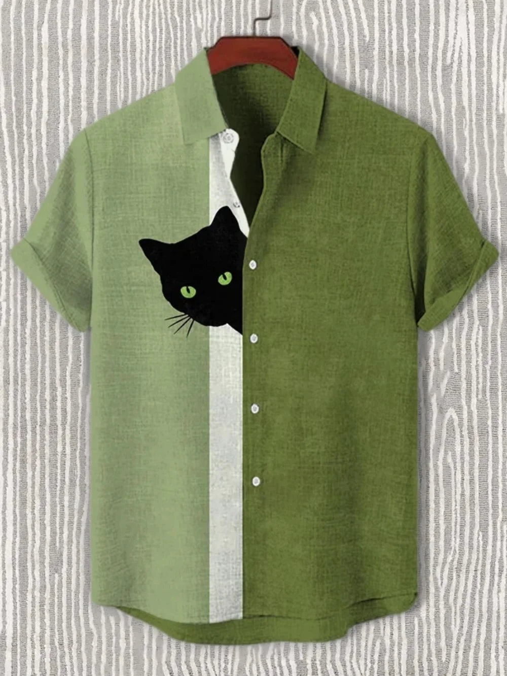 Men's Japanese Retro Black Cat Print Linen Shirt - Short Sleeve Stand Collar Casual Top