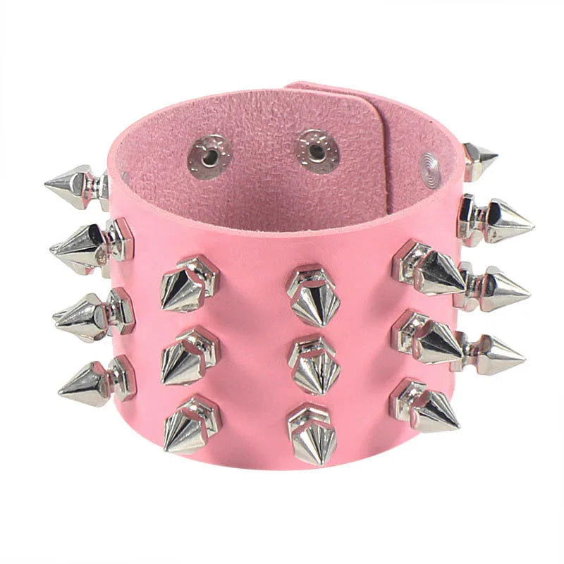 Three-Row Spiked Rivet Stud Wide Cuff Bracelet – Black PU Leather Punk Gothic Wristband