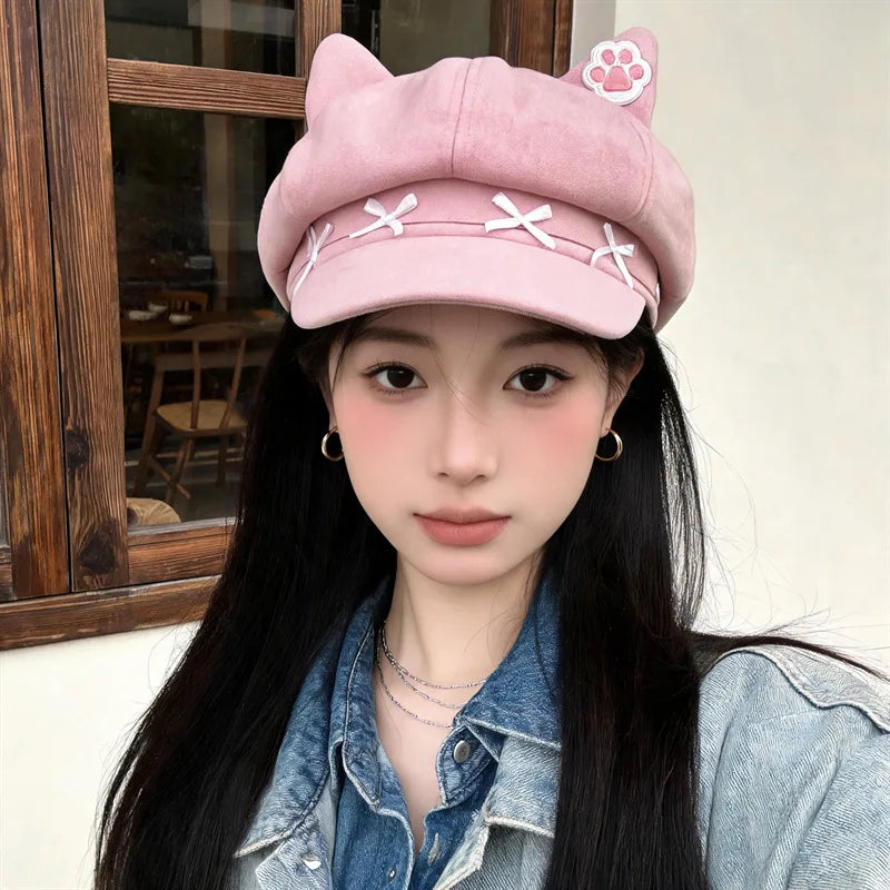 Vintage Cat Ear Newsboy Cap - Harajuku Kawaii Cat Paw Baker Boy Beret Hat