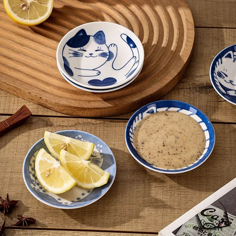 Lucky Cat Ceramic Sauce Dishes Set – 4pc Japanese Style Sushi Plates