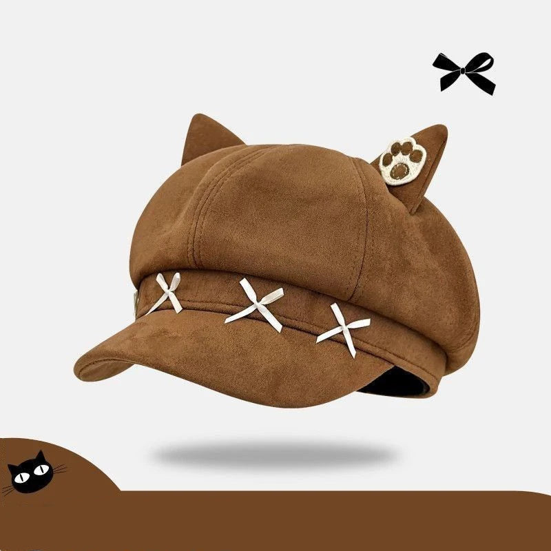 Vintage Cat Ear Newsboy Cap - Harajuku Kawaii Cat Paw Baker Boy Beret Hat