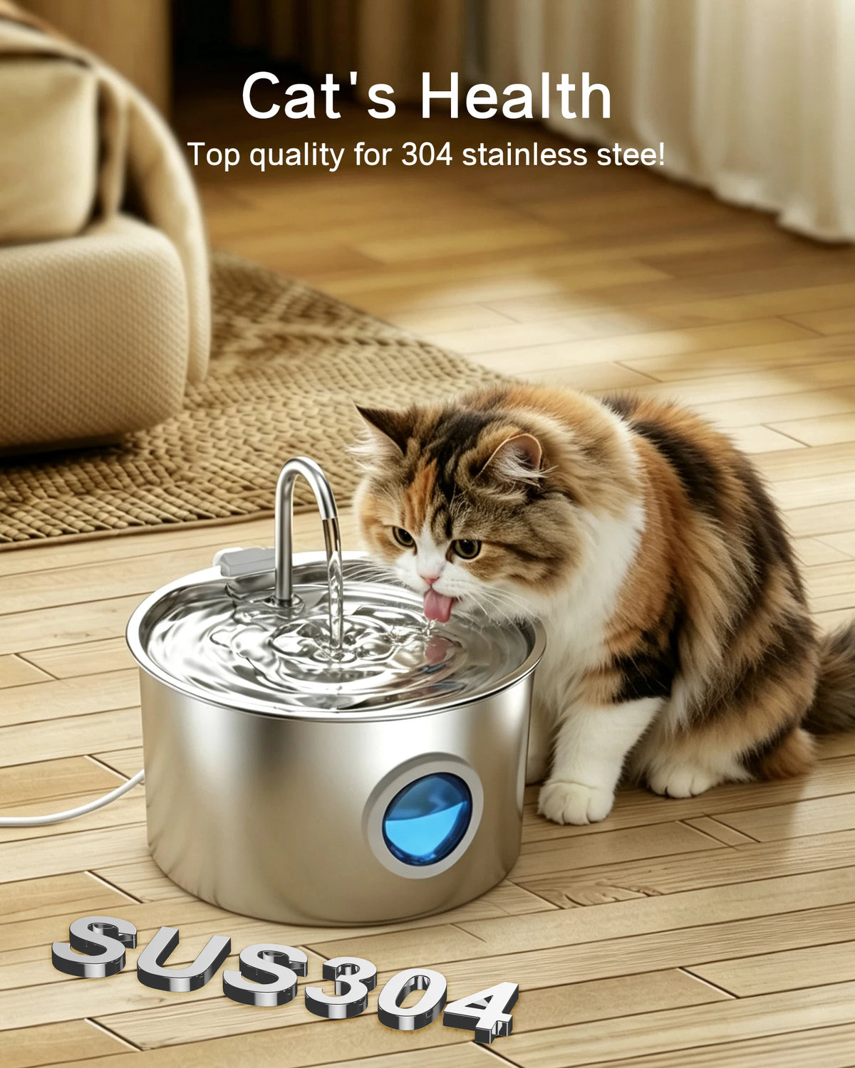 Stainless Steel Cat Water Fountain 108oz/3.2L for Cats, Dogs and Small Pets, with Quiet Operation & LED Light, Easy to Clean & Assemble