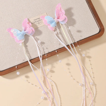 Sparkly Butterfly Bow Hair Clips for Girls – Long Pearl Tassel Ribbon Barrettes, Fairy Cosplay Hair Accessories