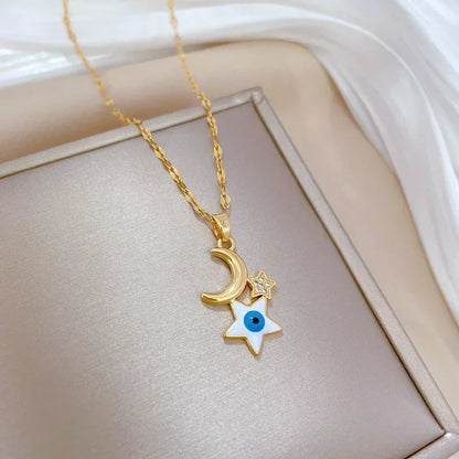 Crescent Moon Pendant Necklace Stainless Steel Zircon Vintage Jewelry