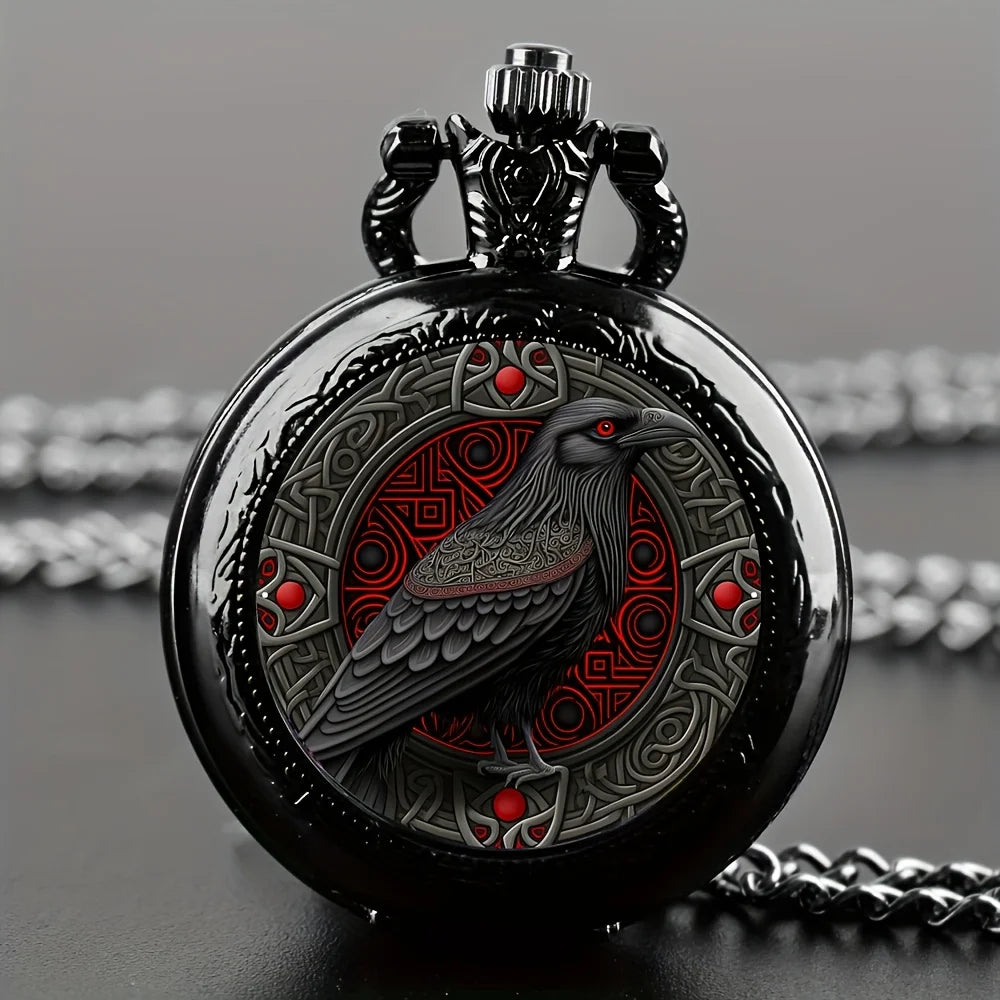 Gothic Black Raven Pocket Watch with Necklace Chain – Quartz Alloy Watch