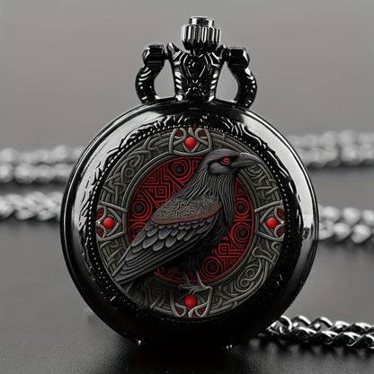 Gothic Black Raven Pocket Watch with Necklace Chain – Quartz Alloy Watch