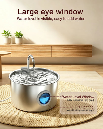 Stainless Steel Cat Water Fountain 108oz/3.2L for Cats, Dogs and Small Pets, with Quiet Operation & LED Light, Easy to Clean & Assemble