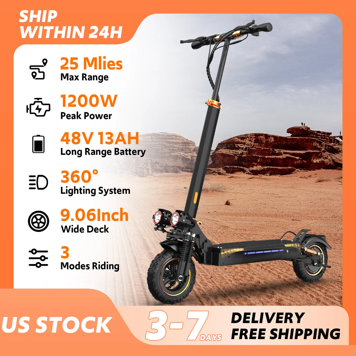 1200W Off Road Electric Scooter for Adult, 48V 13AH Folding E-Scooters Up to 31Mph & 25 Miles Range,11" All Terrain Tire E-Scooter with Double Suspension & Side Light